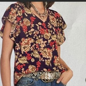 CAbi Multicolor Floral Blouse with Ruffle Sleeves